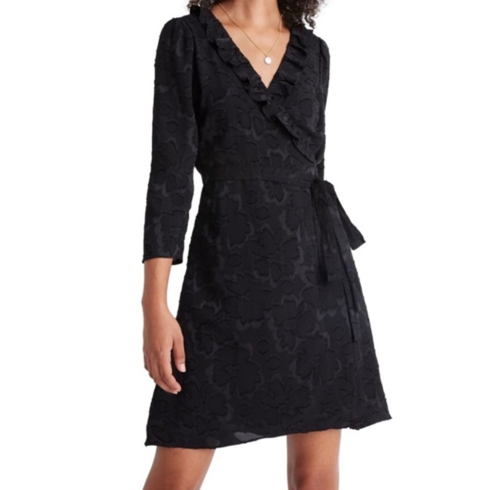 NWT Madewell Ruffled Wrap Dress Black Floral Jacquard Polyester M - Picture 1 of 12